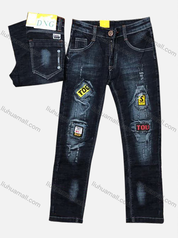 Wholesale Boys Button Pockets Frayed Patched Labelled Plain Casual Jean 03#