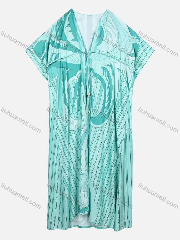 Wholesale Women's Vacation Abstract Print Batwing Sleeve Drawstring Button Front V Neck Dress