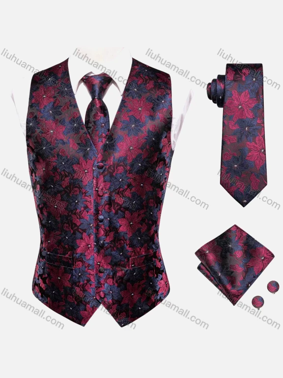 Wholesale Men's Formal Single Breasted Floral Silky Waistcoat With Necktie & Kerchief & Cufflinks 4-piece Set