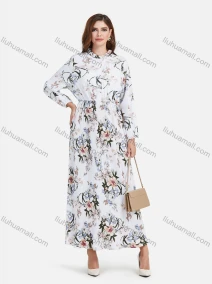 Wholesale Women's Casual Floral Print Stand Collar Button Front Pleated Flared Hem Maxi Shirt Dress With Belt, LIUHUA CLOTHING WHOLESALE