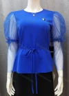 Wholesale Women's Round Neck Leg of Mutton Mesh Sleeve Splicing Plain Metal Decor Blouse With Belt - Liuhuamall