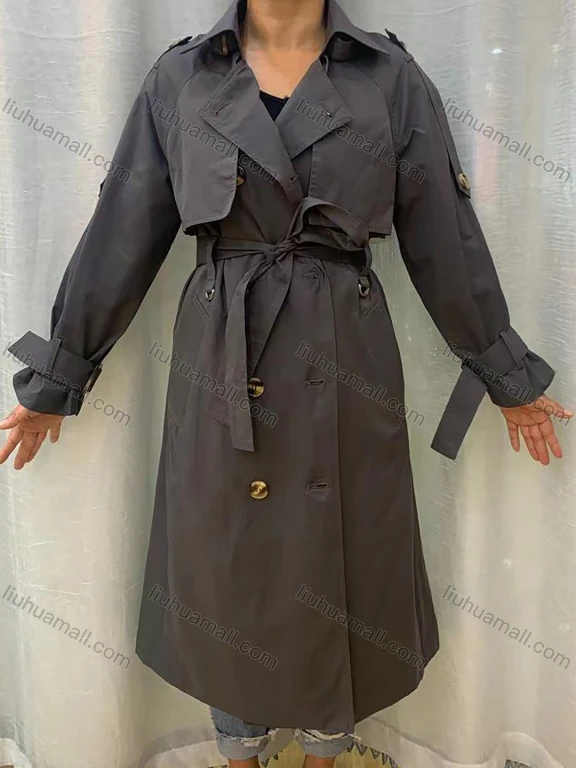 Wholesale Women's Lapel Straps Long Sleeve Buckled Cuff Double Breasted Belted Plain Long Trench Coat