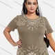 Wholesale Women's Elegant Round Neck Floral Sequin Embroidery Short Sleeve T-Shirt Khaki Clothing Wholesale Market Liuhua