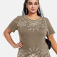 Women's Elegant Round Neck Floral Sequin Embroidery Short Sleeve T-Shirt Khaki Clothing Wholesale Market -LIUHUA