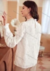 Wholesale Women's Retro Ruffle Neck Lantern Sleeve Ruffle Trim Floral Embroidery Keyhole Back Plain Blouse AY206# - Liuhuamall