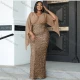 Wholesale Women's Glamorous Plain Splicing Sequin Wrap V Neck Ruched Split Hem Butterfly Sleeve Cocktail Dress Gold Clothing Wholesale Market Liuhua