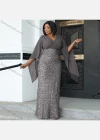 Wholesale Women's Glamorous Plain Splicing Sequin Wrap V Neck Ruched Split Hem Butterfly Sleeve Cocktail Dress - Liuhuamall