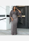 Wholesale Women's Glamorous Plain Splicing Sequin Wrap V Neck Ruched Split Hem Butterfly Sleeve Cocktail Dress - Liuhuamall
