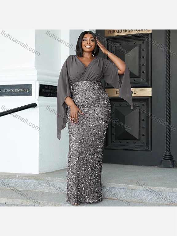 Wholesale Women's Glamorous Plain Splicing Sequin Wrap V Neck Ruched Split Hem Butterfly Sleeve Cocktail Dress