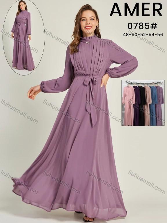 Wholesale Women's Elegant Chiffon Plain Pleated Long Sleeve Maxi Dress With Belt 0785#
