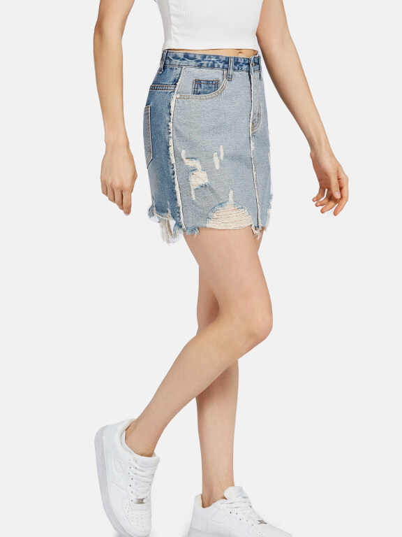 Women's Fashion Plain Ripped Wash Distressed Pocket Splicing Denim Mini Skirts, Clothing Wholesale Market -LIUHUA, Denim