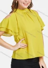 Wholesale Women's Chiffon Mock Neck Keyhole Layer Sleeve Crop Shoulder Mock Neck Blouse 1858# - Liuhuamall