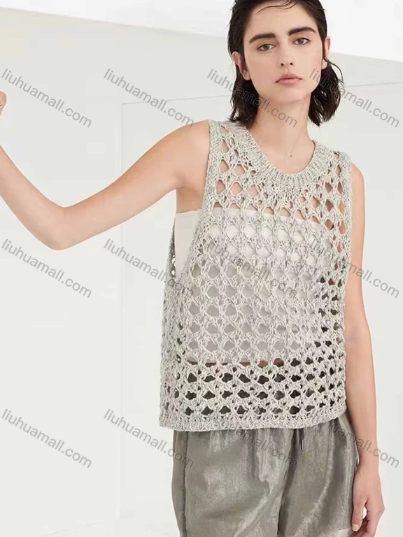 Wholesale Women's Casual Round Neck Sleeveless Crochet Hollow Out Plain Tank Cover Up Top
