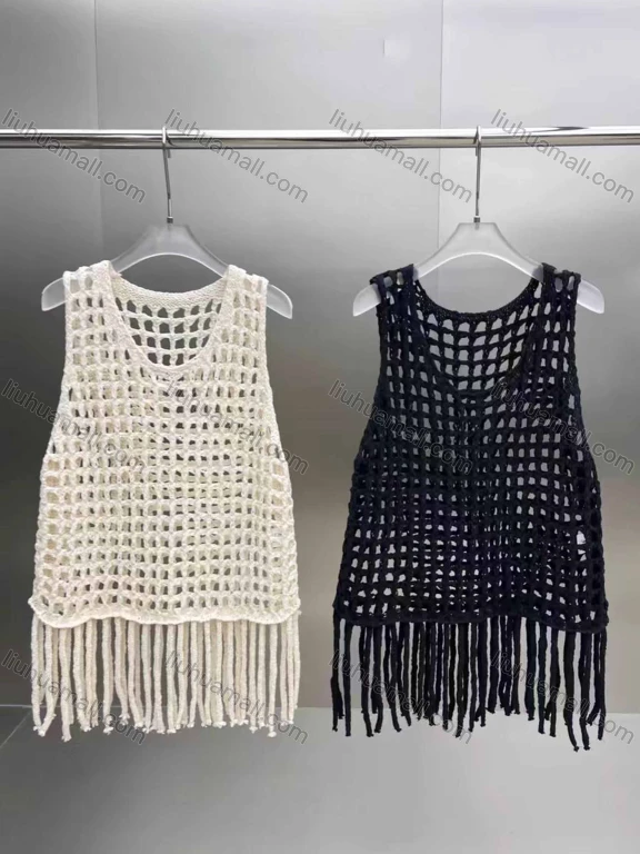 Wholesale Women's Vacation Crochet Round Neck Sleeveless Hollow Out Tassel Hem Plain Tank Cover Up Top