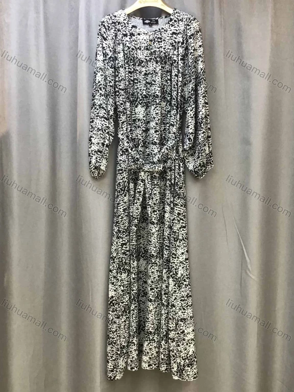 Wholesale Women's Casual Dalmatian Print Ruched Button Front Crew Neck Long Sleeve Maxi Dress With Belt