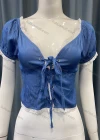 Wholesale Women's Casual Plain Plunge Neck Eyelet Embroidered Trim Lace Up Crop Blouse - Liuhuamall