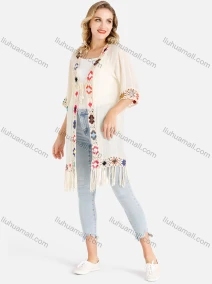 Wholesale Women's Open Front Colorful Crochet Floral Trim Fringe Hem Beige Cardigan, LIUHUA CLOTHING WHOLESALE