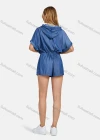 Wholesale Women's Casual Plain Hooded Rolled Sleeve Ruched Zipper Drawstring Denim Romper - Liuhuamall