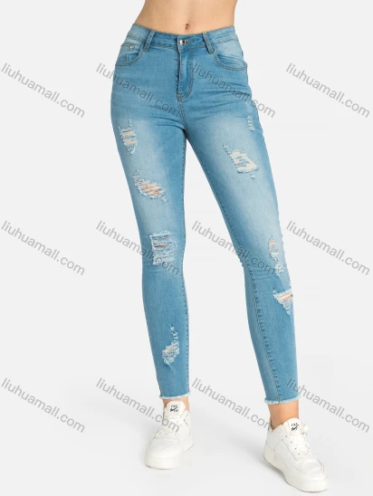 Wholesale Women's Casual Plain Ripped Frayed Raw Hem Pockets Skinny Fit Stretch Jean