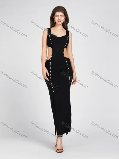 Wholesale Women's Glamorous Plain Rhinestone Cut Out Split Hem Club Sleeveless Maxi Dress X24122#