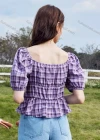 Wholesale Women's Square Neck Puff Sleeve Plaid Ruched Open Back Layered Ruffle Hem Crop Blouse AY076# - Liuhuamall