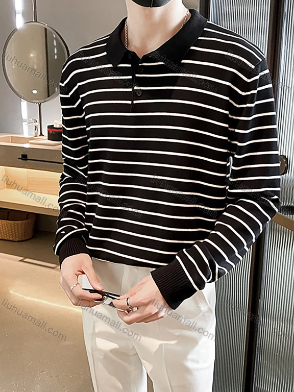 Wholesale Men's Casual Striped Long Sleeve Knit Slim Fit Polo Shirt