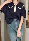 Wholesale Women's Casual Plain Peter Pan Collar Quarter Zip Short Sleeve Blouse 1047# - Liuhuamall