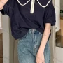 Wholesale Women's Casual Plain Peter Pan Collar Quarter Zip Short Sleeve Blouse 1047# preview
