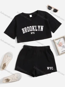 Wholesale Girls Casual Letter Crop Top & Elastic Waist Hot Shorts Set, LIUHUA CLOTHING WHOLESALE