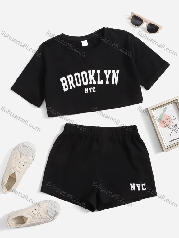 Wholesale Girls Casual Letter Crop Top & Elastic Waist Hot Shorts Set