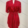 Wholesale Women's Stand Collar Drawstring Gingham Ruffle Curved Hem Short Dress preview