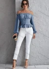 Wholesale Women's Fashion Ruffle Trim Off Shoulder Lace Up Long Sleeve Blouse - Liuhuamall