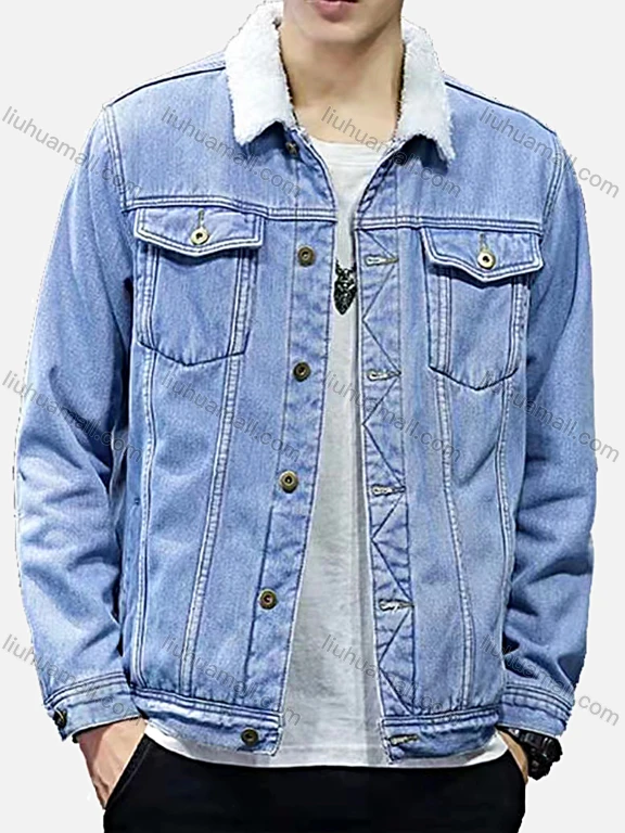 Wholesale Men's Casual Plain Fleece Inside Long Sleeve Button Down Denim Jacket