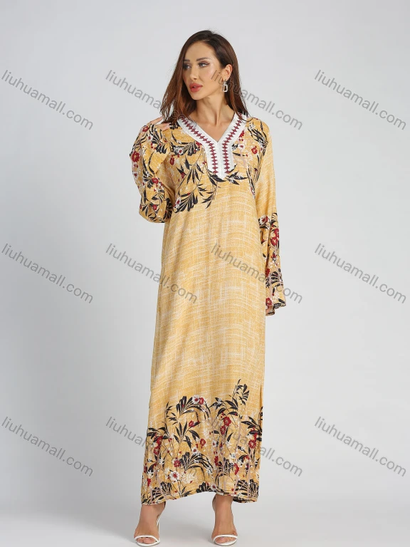 Wholesale Women's Botanic Print Extra Long Sleeve Maxi Kaftan