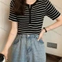 Wholesale Women's Casual Striped Round Neck Button Front Short Sleeve Sweater Tops 8089# preview