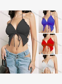 Wholesale Women's Sexy Halter Drawstring Plain Crop Top, LIUHUA CLOTHING WHOLESALE