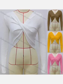 Wholesale Women's Casual V Neck Long Sleeve Plain Knit Crop Sweater, LIUHUA CLOTHING WHOLESALE