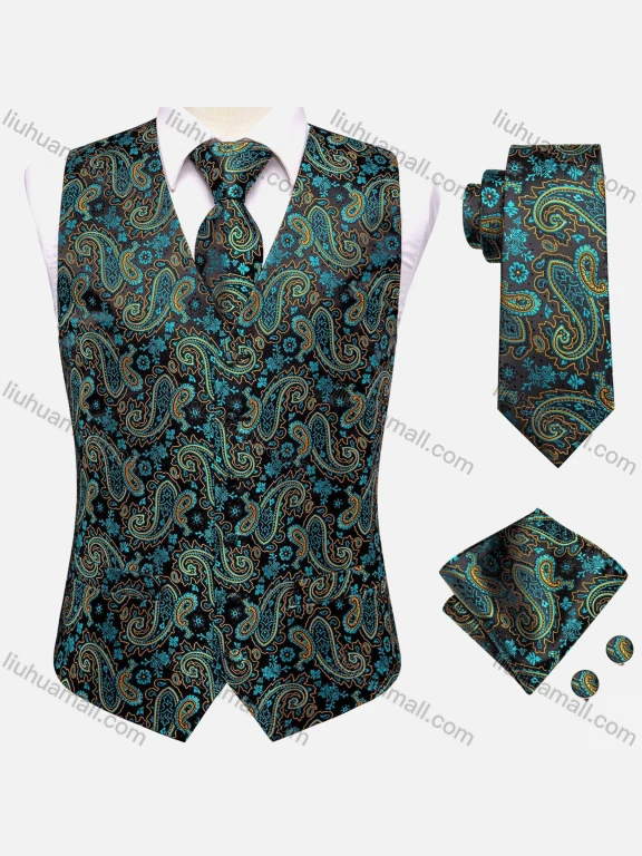 Wholesale Men's Formal Single Breasted Silky Waistcoat With Necktie & Kerchief & Cufflinks 4-piece Set