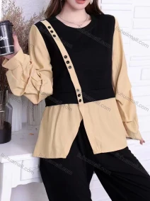 Wholesale Women's Casual 2 In 1 Poet Sleeve Round Neck Button Decor Colorblock Top, LIUHUA CLOTHING WHOLESALE