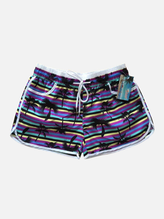 Women's Vacation Contrast Tropical Print Drawstring Beach Shorts, Clothing Wholesale Market -LIUHUA, 