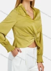 Wholesale Women's Casual V Neck Long Sleeve Shirred Ruffle Trim Twist Plain Blouse - Liuhuamall