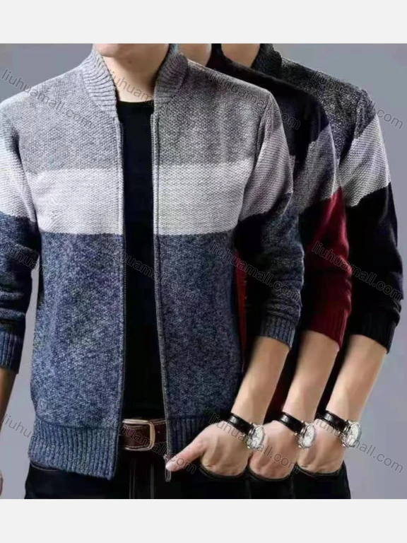 Wholesale Men's Casual Colorblock Stand Collar Long Sleeve Zip Sweater Knitted Jacket