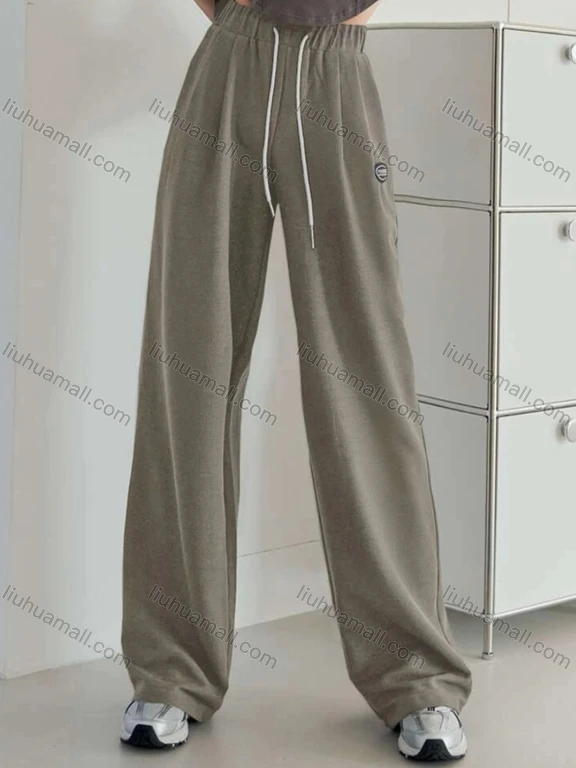 Wholesale Women's Sporty Plain High Waist Drawstring Patch Pocket Loose Fit Long Pants