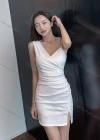 Wholesale Women's Glamorous Plain Asymmetrical Neck Metal Strap Wrap Ruched Split Hem Short Dress - Liuhuamall