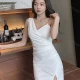 Wholesale Women's Glamorous Plain Asymmetrical Neck Metal Strap Wrap Ruched Split Hem Short Dress White Clothing Wholesale Market Liuhua