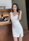 Wholesale Women's Glamorous Plain Asymmetrical Neck Metal Strap Wrap Ruched Split Hem Short Dress - Liuhuamall