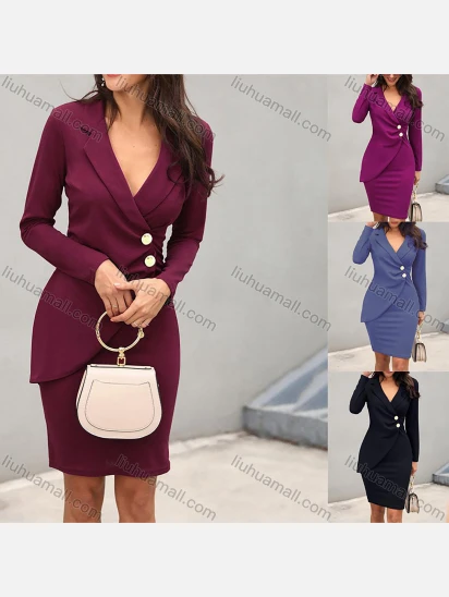 Wholesale Women's Elegant Business Plain Lapel Long Sleeve Splicing Button Front Blazer Short Dress