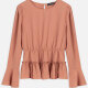 Women's Casual Plain Round Neck Ruched Bell Sleeve Ruffle Trim Blouse Apricot Clothing Wholesale Market -LIUHUA