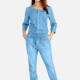 Women's Plus Size Casual Round Neck Button Front Top & Straight Leg Pants Denim 2 Piece Set Light Blue Clothing Wholesale Market -LIUHUA