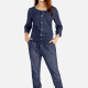 Women's Plus Size Casual Round Neck Button Front Top & Straight Leg Pants Denim 2 Piece Set Navy Clothing Wholesale Market -LIUHUA